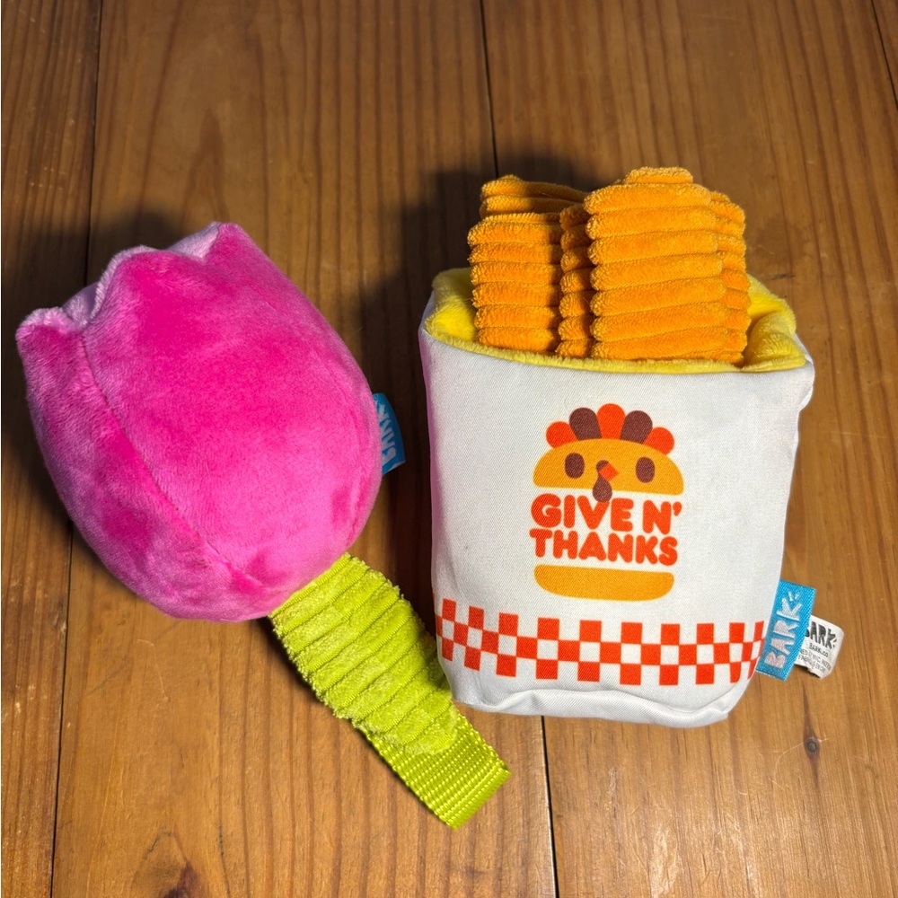 Bark Dog Toy Set Plush Pink Flower & Crinkle Fry Box Squeaker Crinkle Excellent